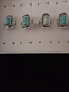 Rectangular Turquoise Stone Silver-Style Women's Ring